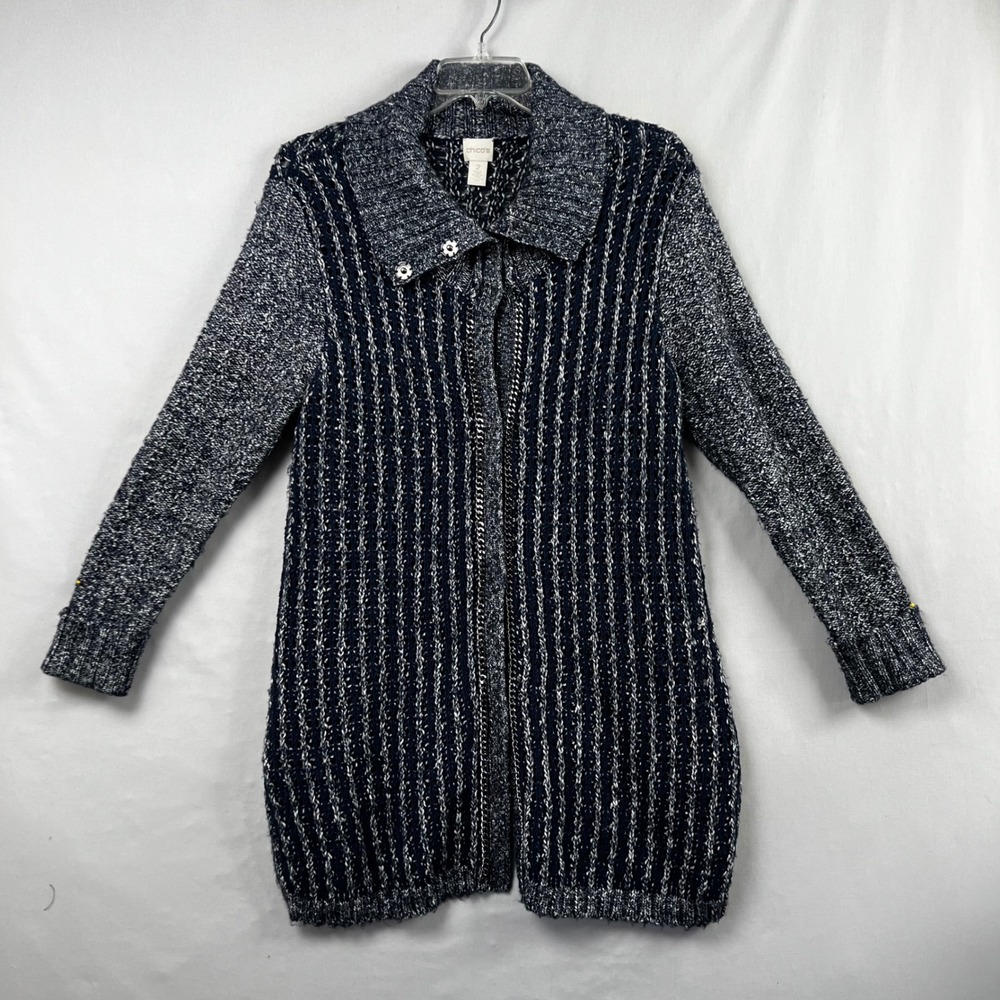 Chicos 2 Knit Longline Cardigan Sweater Size Large Snap Up Ribbed Navy Blue